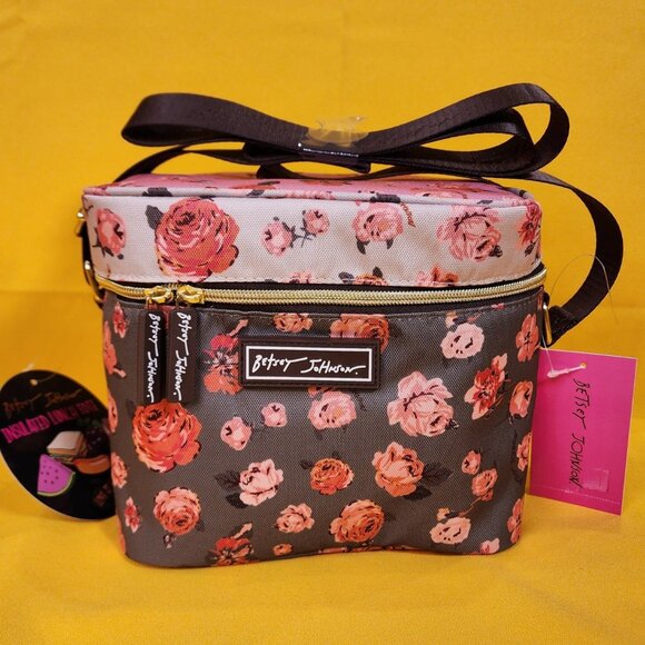 Betsey Johnson Rose Print 6 Pack Insulated Lunch Bag Train Case Cooler NEW - Picture 1 of 13